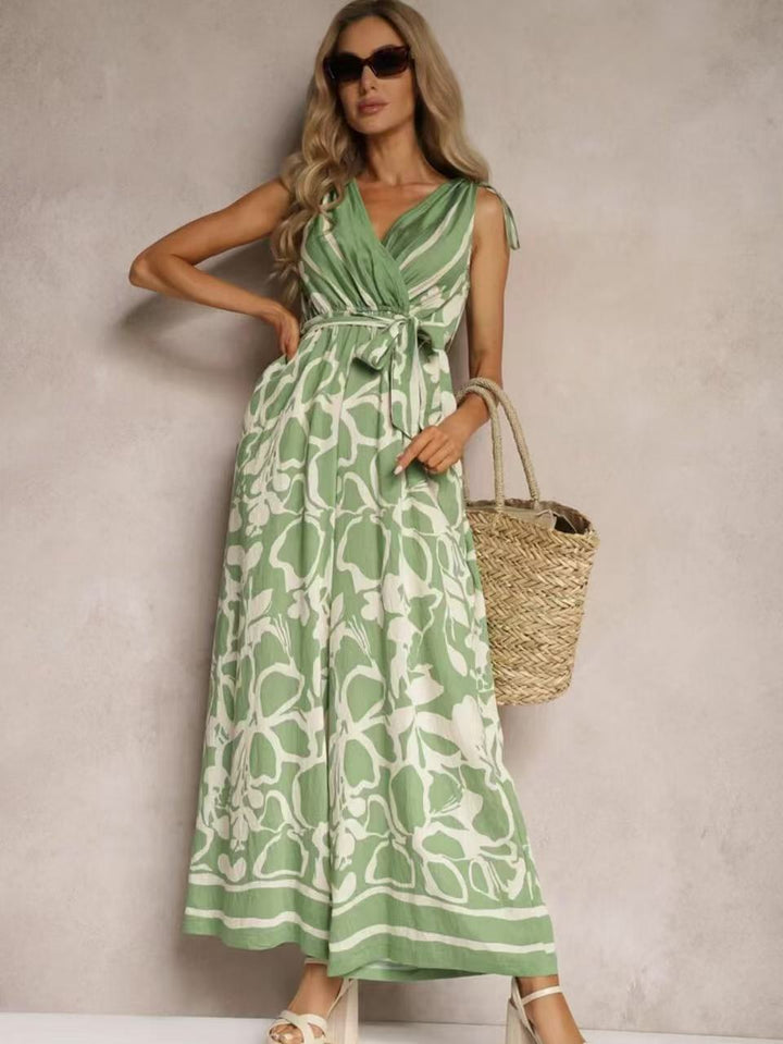 Anna Damen Jumpsuit - Ärmellos, V-Ausschnitt, Entspannte Passform, Krawatten Taille, Gedruckt, Sommer Jumpsuit Weiß-5