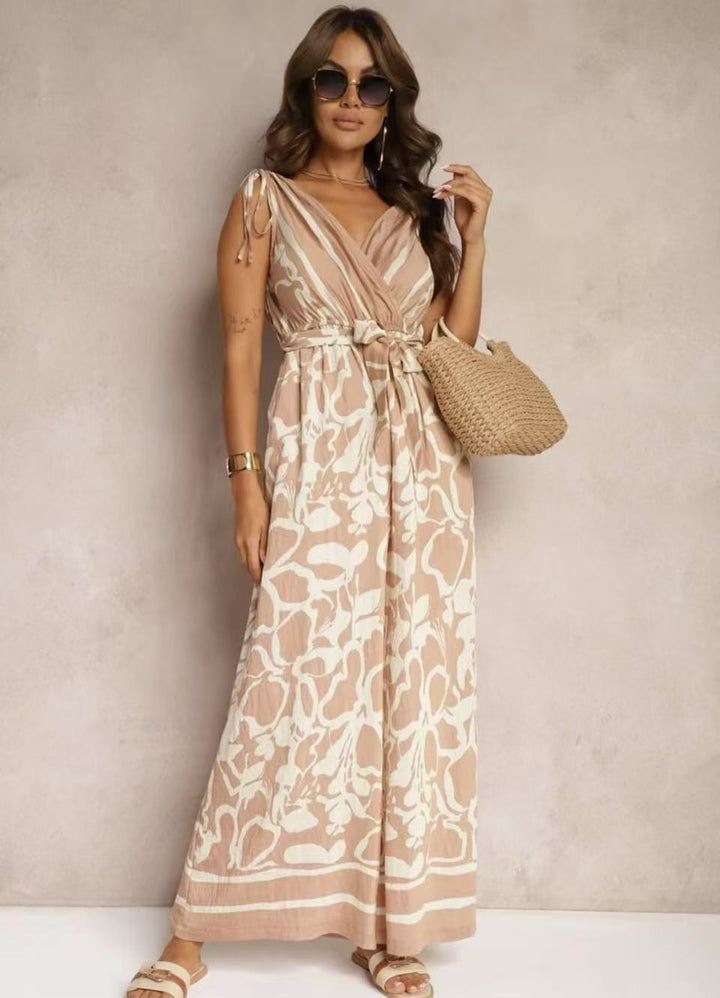 Variant image for Anna Damen Jumpsuit - Ärmellos, V-Ausschnitt, Entspannte Passform, Krawatten Taille, Gedruckt, Sommer Jumpsuit Weiß-9