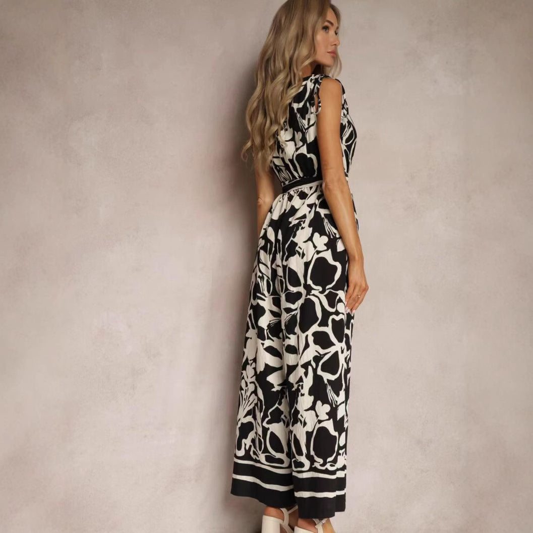 Anna Damen Jumpsuit - Ärmellos, V-Ausschnitt, Entspannte Passform, Krawatten Taille, Gedruckt, Sommer Jumpsuit Weiß-3