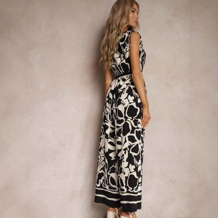 Anna Damen Jumpsuit - Ärmellos, V-Ausschnitt, Entspannte Passform, Krawatten Taille, Gedruckt, Sommer Jumpsuit Weiß-3